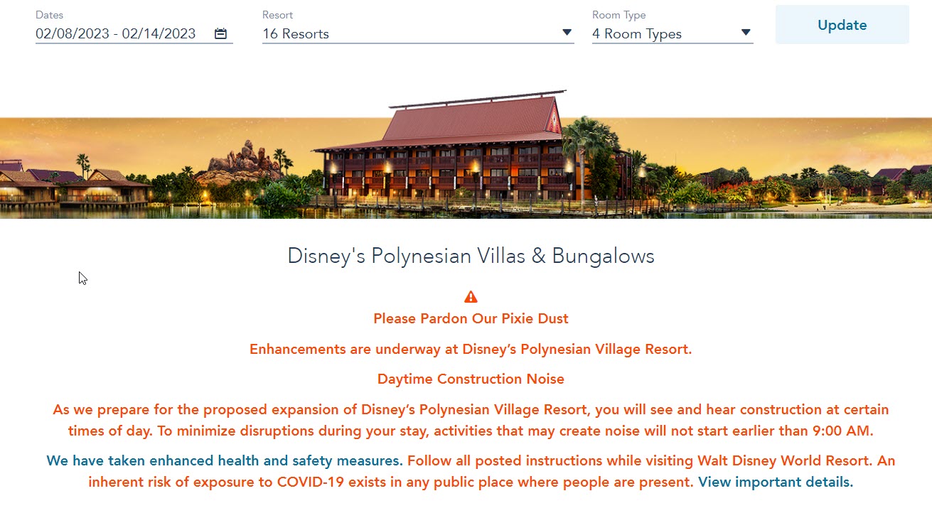 Screenshot of Disney's own Book a Resort tool from their official DVC website.