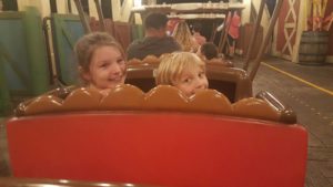 Picture of kids on the Barnstormer ride - which goes 25 miles per hour!