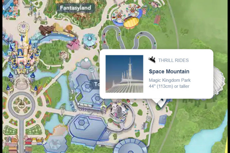 A screenshot of the ride details with height requirement for Space Mountain