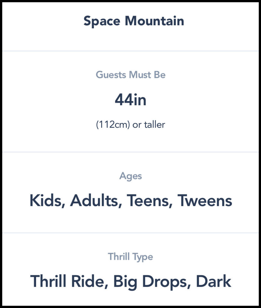 A screenshot of the description of Space Mountain in the Disney World app