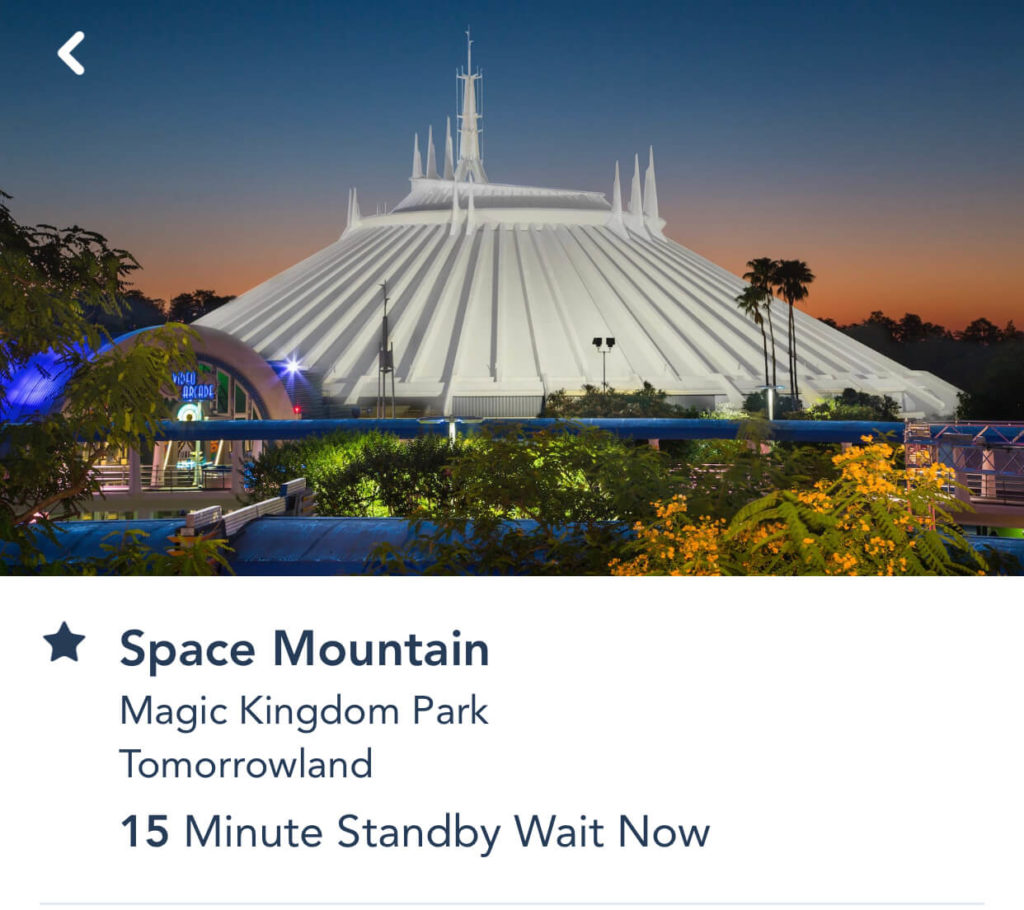 Screen shot of the wait time at Space Mountain in Disney World.