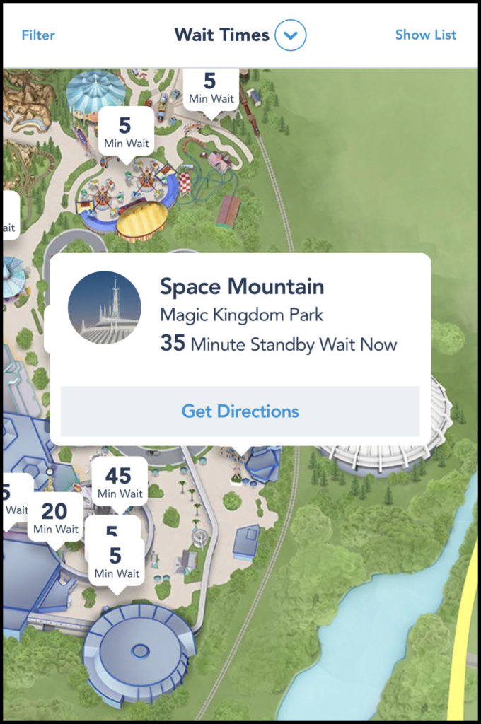 Screenshot of the Space Mountain wait times in the map view in the Disney World app to see how long they are