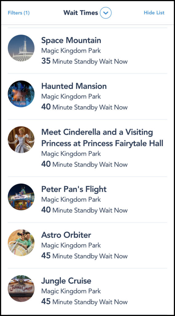 Screenshot of the Space Mountain wait times with a list view to determine how long they are 
